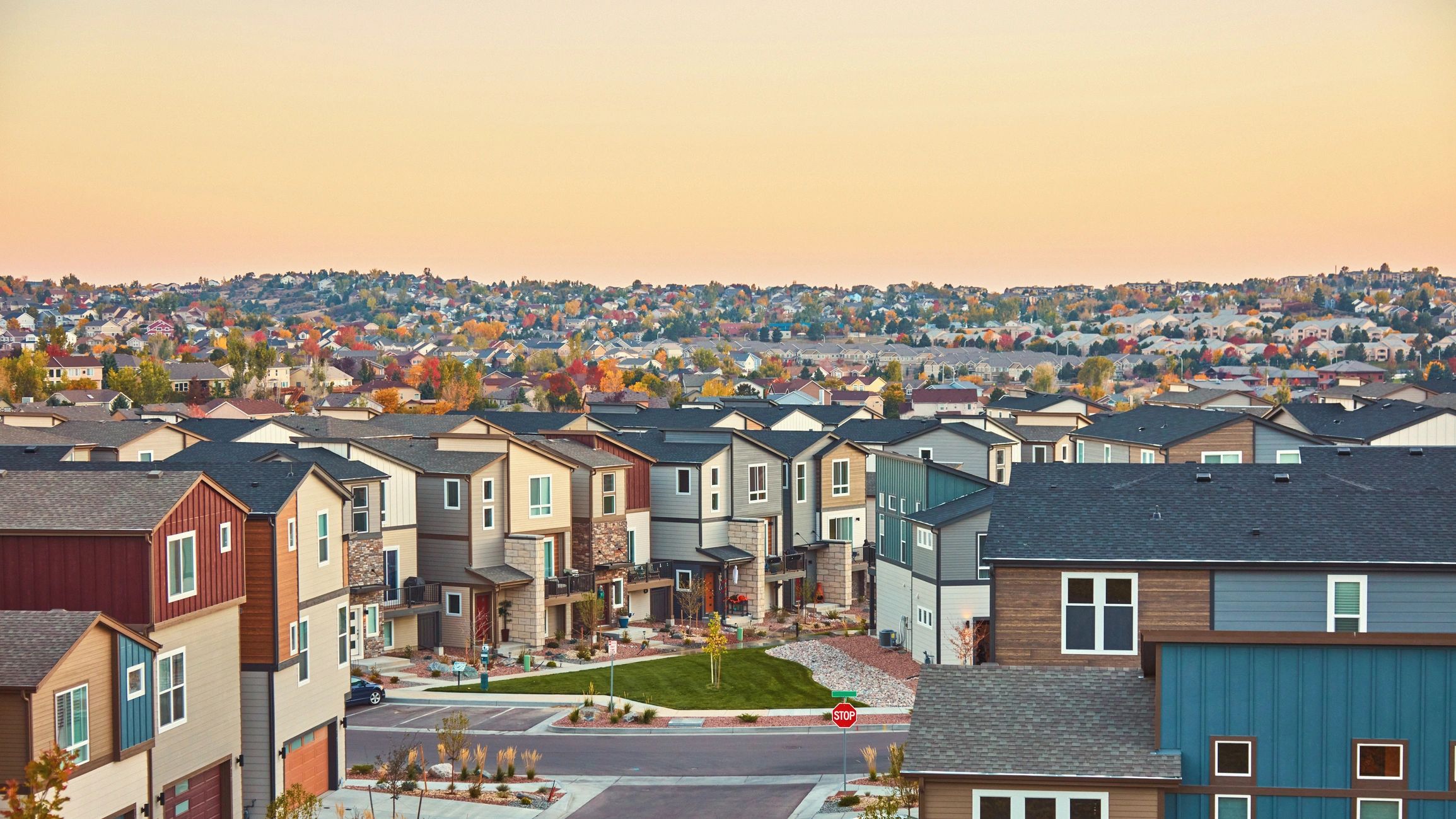 Small-town American street scene at sunrise