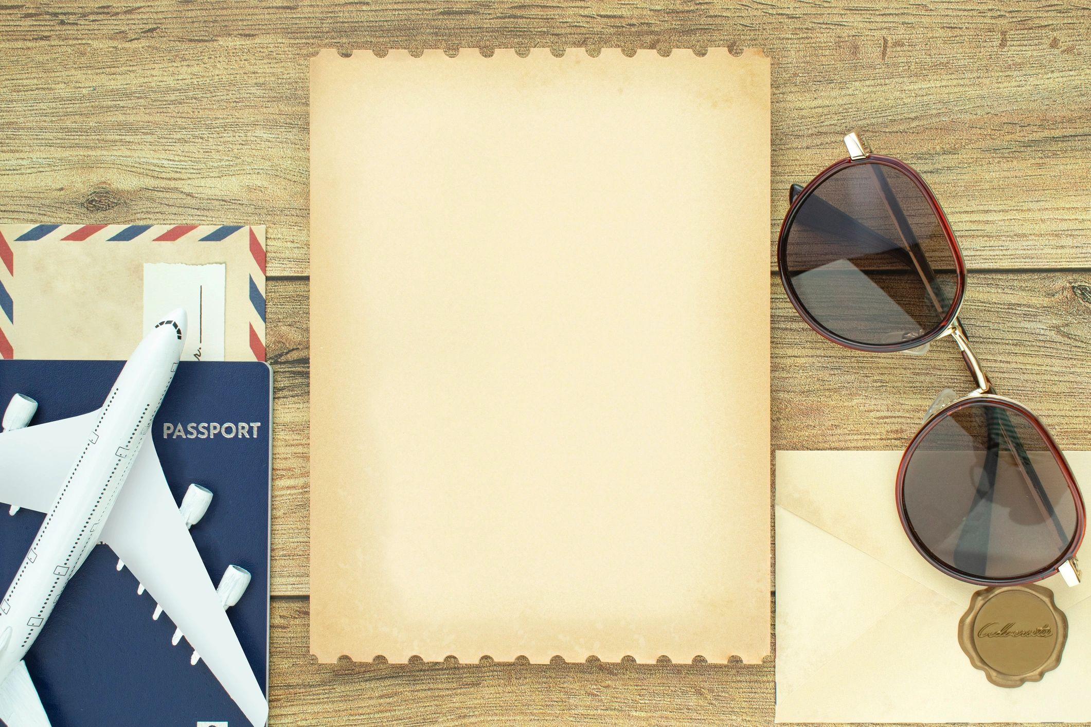 Vintage travel paper and airplane on a neutral background